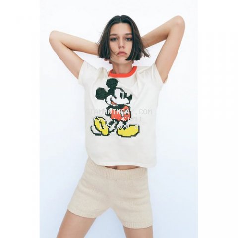 Áo phông nữ ngắn tay in hình Mickey viền cam trẻ trung cực xinh bao chất xịn mát