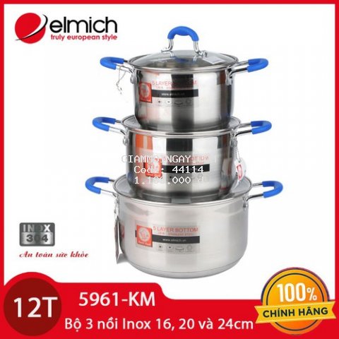 Bộ nồi Inox 304 cao cấp 5 đáy Elmich Smartcook 2355961 dùng bếp từ