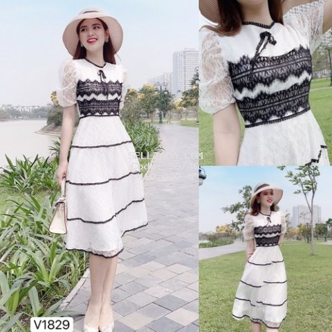 Váy ren trắng phối đen V1829 - Đẹp HP DVC