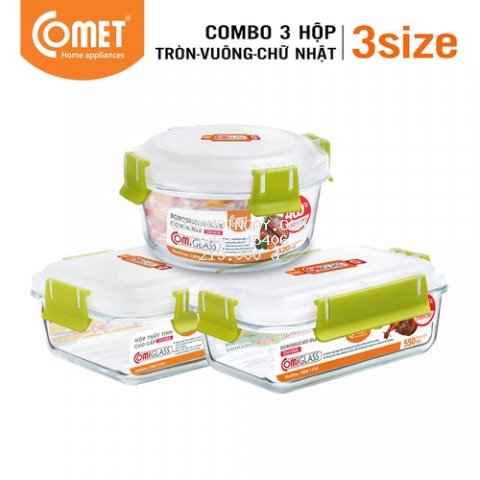 Combo 3 hộp thực phẩm thuỷ tinh 420&550&550ML COMET - CH18-56&58&59