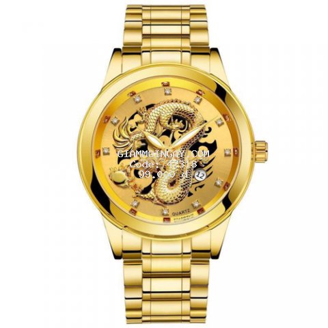 Đồng hồ thời trang Nam Rồng vàng có lịch - kim dạ quang phát sang sang trọng