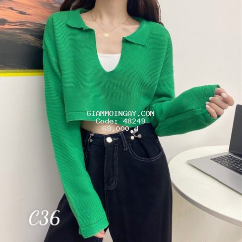 Áo croptop tay dài phối cổ trụ xẻ ngực thun gân C36