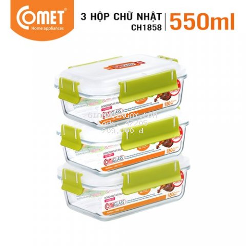Combo 3 hộp đựng thực phẩm thuỷ tinh 550ml COMET CH18-58