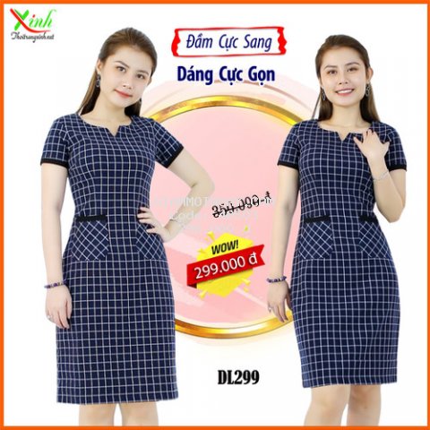 Đầm suông caro xanh navy cho người béo DL299