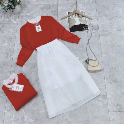[HÀNG THIẾT KẾ] Áo Phông Đỏ Cổ Bèo Phối Chân Váy Trắng 2XY