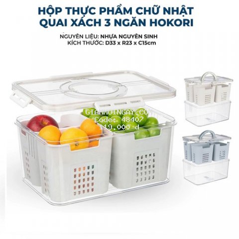 Hộp đựng thực phẩm 3 ngăn có quai sách nhựa cao cấp hokori có khóa chắc chắn