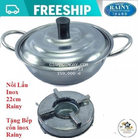 [Nhập SD44HG Giảm 20K] Nồi nấu lẩu Inox  Rainy 22cm  + Tặng bếp cồn cao cấp Rainy - Hàng Chính Hãng